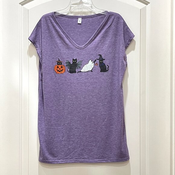New Halloween Fall Medium Tee Shirt Top V Neck Black Cat Theme - Picture 1 of 6